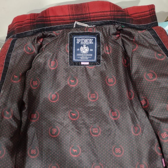 PINK BY VICTORIA SECRETS RED AND BLACK WOOL PLAID PEACOAT WOMAN'S SIZE XS - Picture 7 of 16